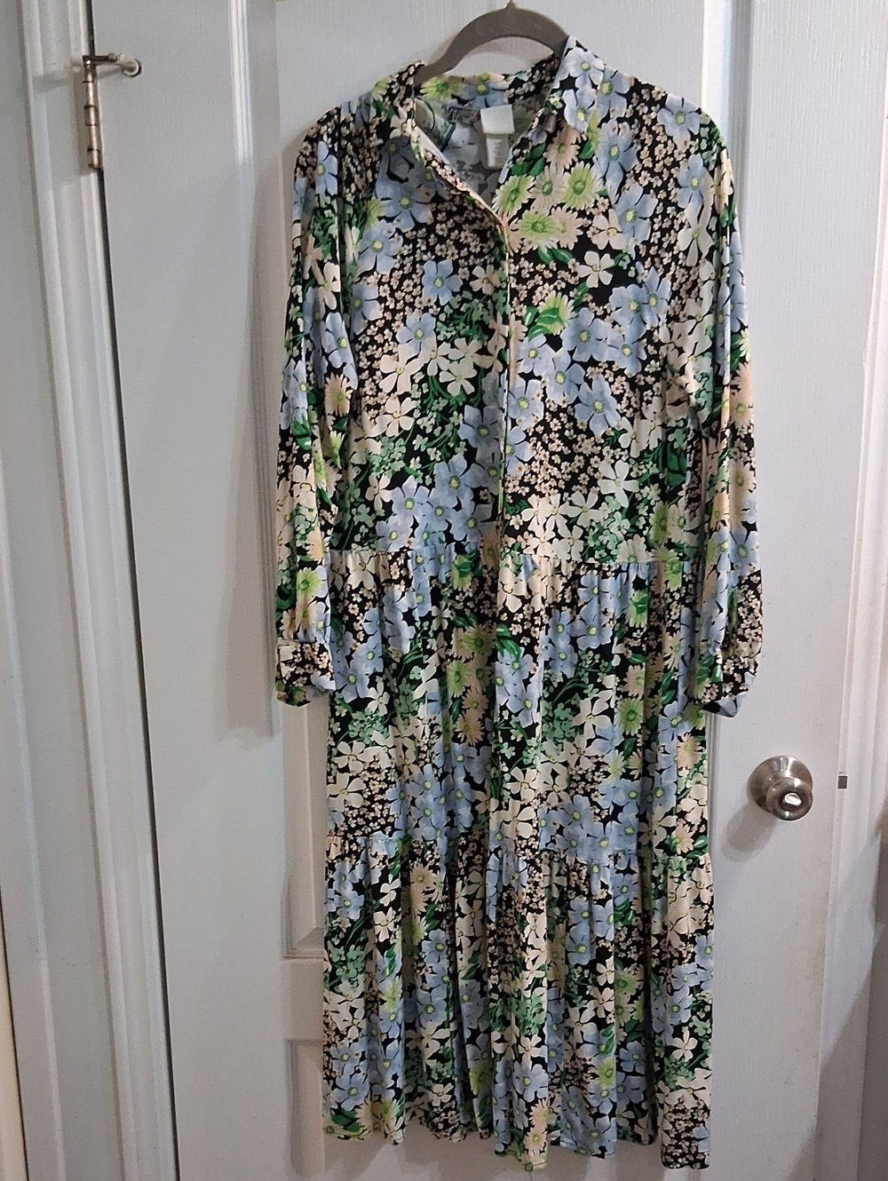 H&M Long-Sleeve Floral Midi Dress in Black, Blue & Green